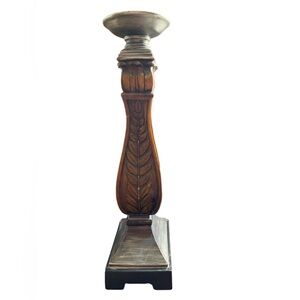 Rustic Brown Wooden Candle Holder with Carved Leaf Motif and Brass Metal Embell.